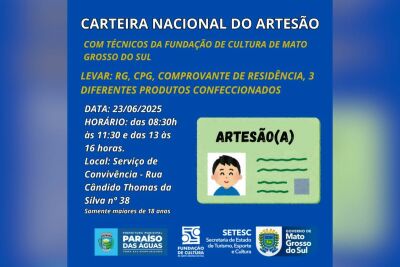 Imagem da notícia Paraíso das Águas terá emissão da Carteira Nacional do Artesão no dia 23 de junho